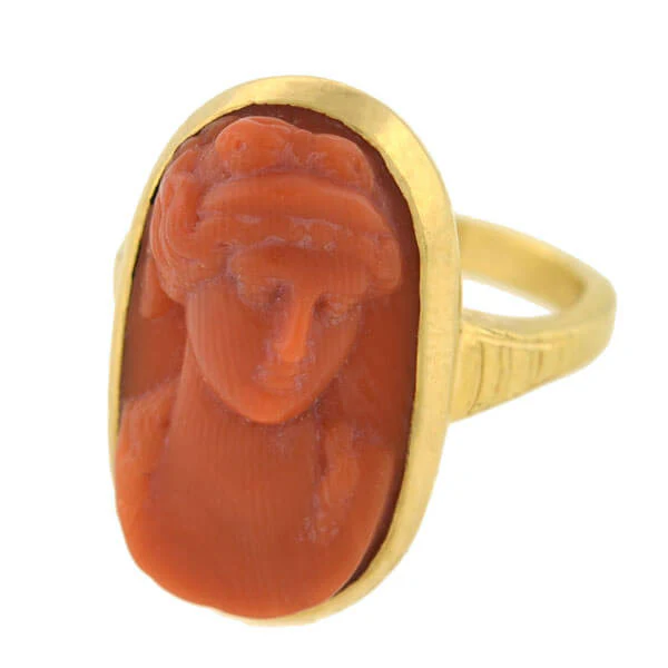 Victorian 18kt Carved Natural Coral Cameo Ring - Image 3