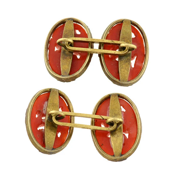 Art Deco 14kt Natural Oxblood Coral Carved Flower Cufflinks - Image 5