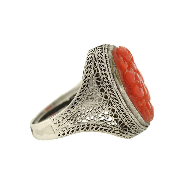 Art Deco Chinese Silver & Floral Carved Coral Filigree Ring - Image 2