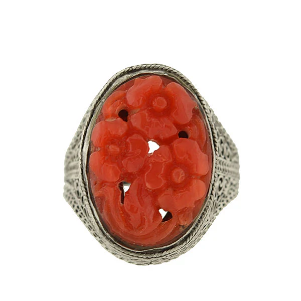 Art Deco Chinese Silver & Floral Carved Coral Filigree Ring - Image 3
