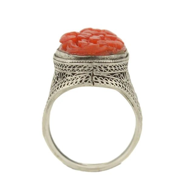 Art Deco Chinese Silver & Floral Carved Coral Filigree Ring - Image 4