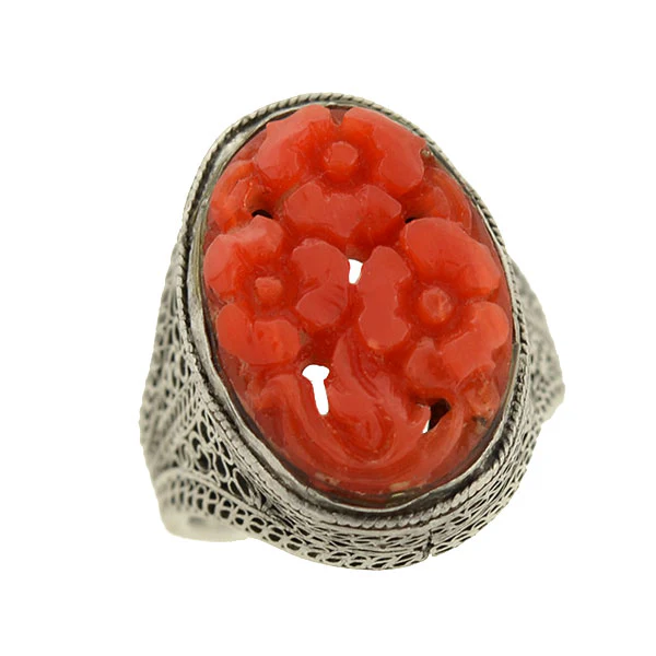 Art Deco Chinese Silver & Floral Carved Coral Filigree Ring - Image 5