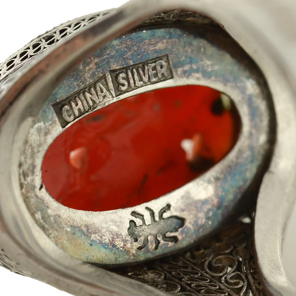 Art Deco Chinese Silver & Floral Carved Coral Filigree Ring - Image 6