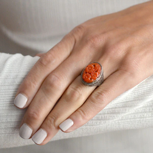 Art Deco Chinese Silver & Floral Carved Coral Filigree Ring - Image 7
