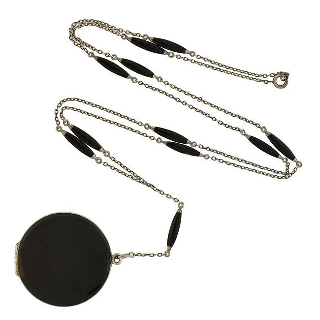 Art Deco Sterling & Black Enamel Locket Lorgnette Necklace - Image 2