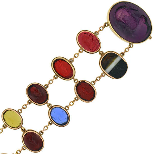 Early Victorian 14kt Glass Tassie & Agate Intaglio Link Bracelet - Image 4