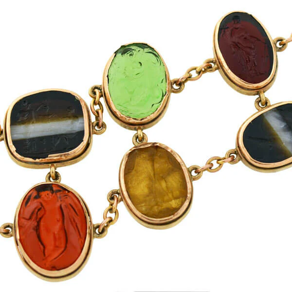 Early Victorian 14kt Glass Tassie & Agate Intaglio Link Bracelet - Image 9
