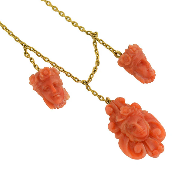 Victorian 14kt Natural Coral Carved Cameo Necklace - Image 3