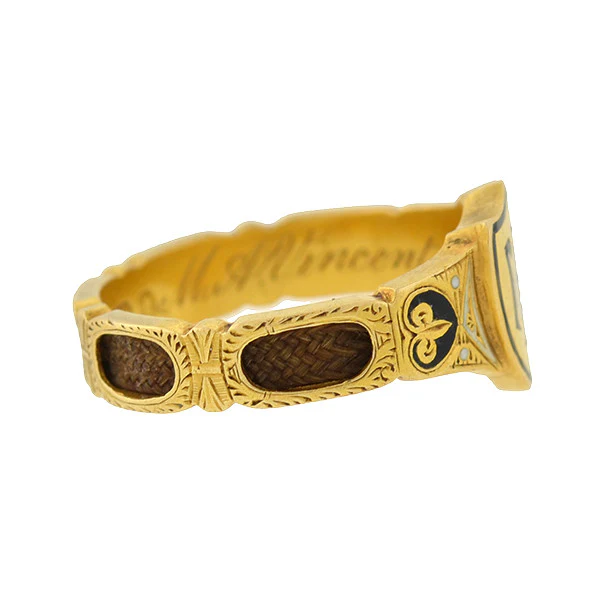 Victorian English 18kt Enamel & Woven Hair Mourning Ring - Image 2