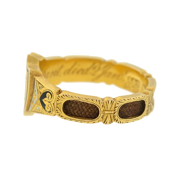 Victorian English 18kt Enamel & Woven Hair Mourning Ring - Image 4