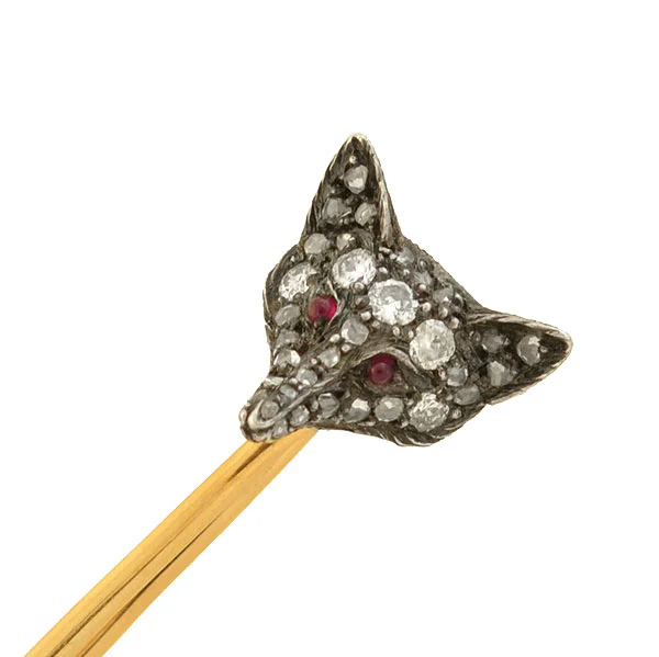 Victorian Sterling/14kt Diamond + Ruby Fox Safety Pin - Image 3