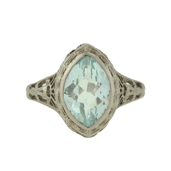 Art Deco 14kt Aquamarine Navette Filigree Ring 1.75ctw - Image 3