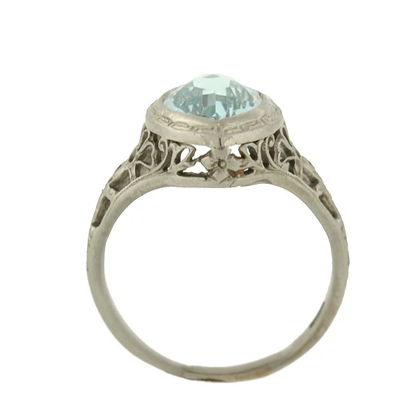 Art Deco 14kt Aquamarine Navette Filigree Ring 1.75ctw - Image 4