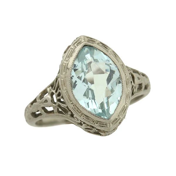 Art Deco 14kt Aquamarine Navette Filigree Ring 1.75ctw - Image 5
