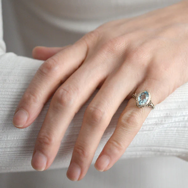Art Deco 14kt Aquamarine Navette Filigree Ring 1.75ctw - Image 6