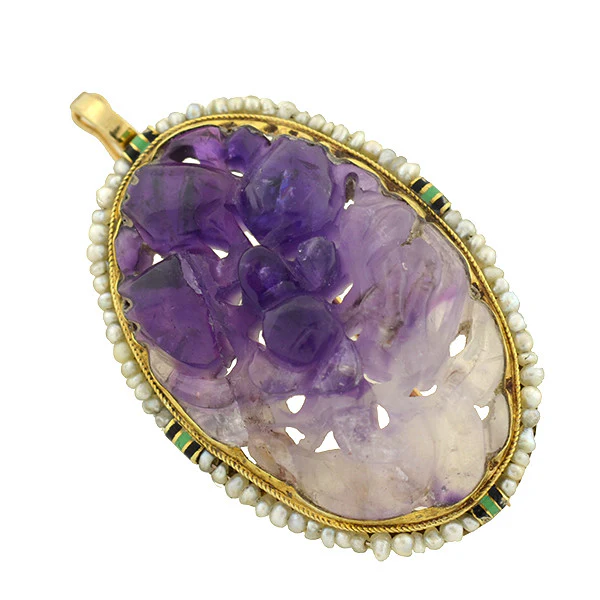 Art Deco 14kt Carved Amethyst, Pearl & Enamel Pin/Pendant - Image 2
