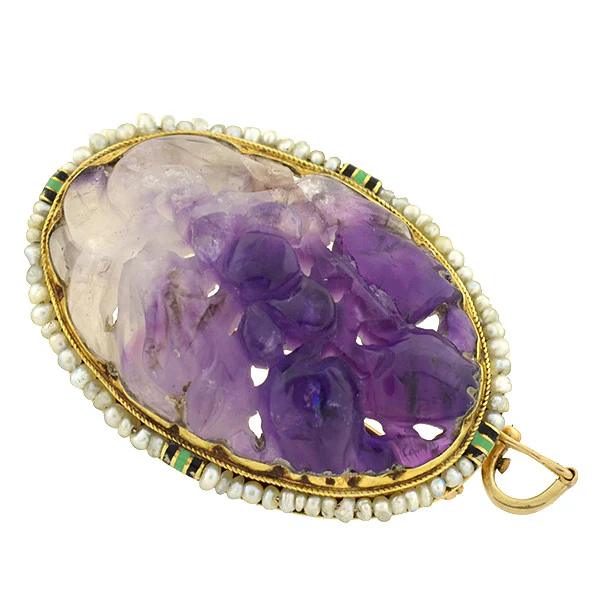 Art Deco 14kt Carved Amethyst, Pearl & Enamel Pin/Pendant - Image 3
