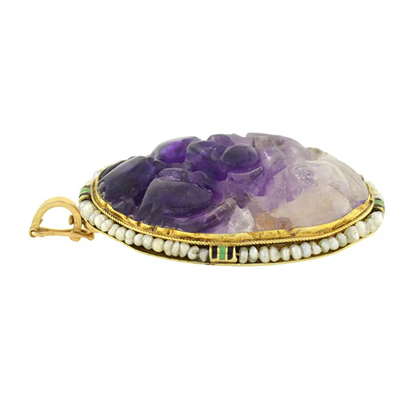 Art Deco 14kt Carved Amethyst, Pearl & Enamel Pin/Pendant - Image 4