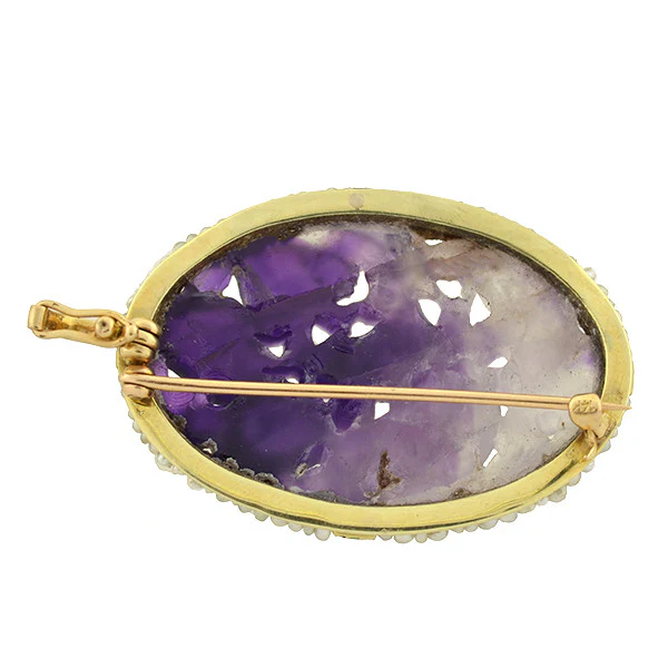 Art Deco 14kt Carved Amethyst, Pearl & Enamel Pin/Pendant - Image 5