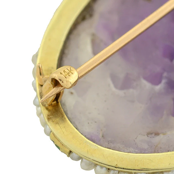 Art Deco 14kt Carved Amethyst, Pearl & Enamel Pin/Pendant - Image 6