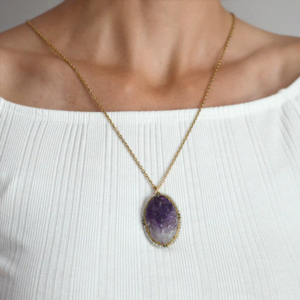 Art Deco 14kt Carved Amethyst, Pearl & Enamel Pin/Pendant - Image 7