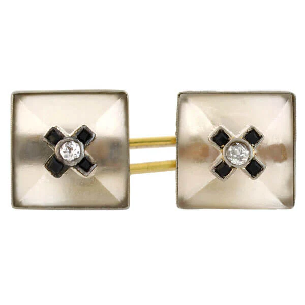 Art Deco 14kt Carved Rock Quartz Crystal, Onyx & Diamond Cufflinks - Image 2