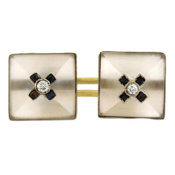 Art Deco 14kt Carved Rock Quartz Crystal, Onyx & Diamond Cufflinks - Image 3