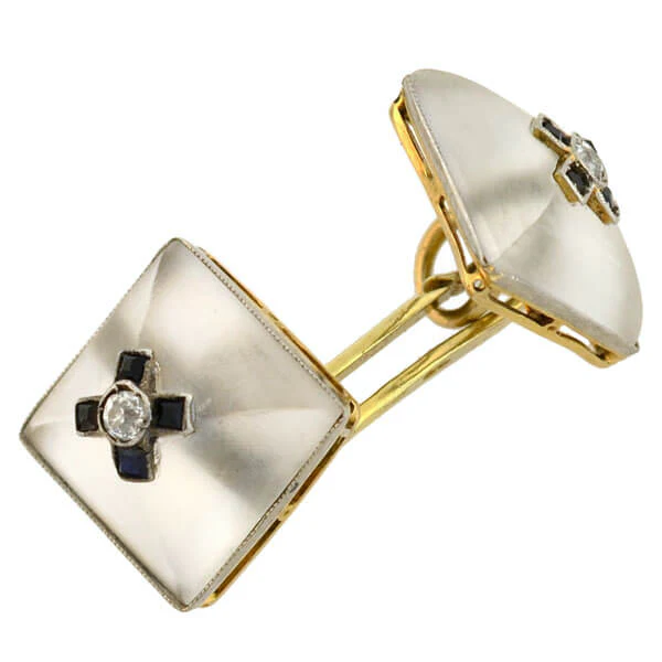 Art Deco 14kt Carved Rock Quartz Crystal, Onyx & Diamond Cufflinks - Image 4