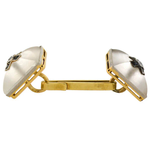 Art Deco 14kt Carved Rock Quartz Crystal, Onyx & Diamond Cufflinks - Image 5