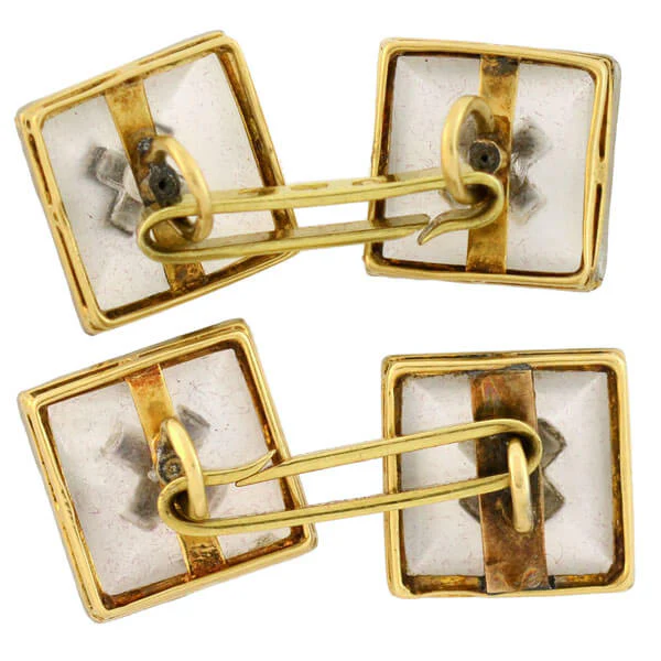 Art Deco 14kt Carved Rock Quartz Crystal, Onyx & Diamond Cufflinks - Image 6