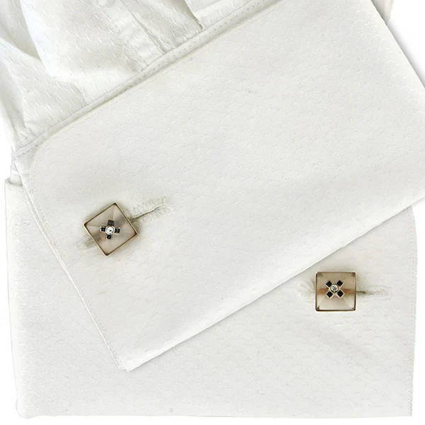 Art Deco 14kt Carved Rock Quartz Crystal, Onyx & Diamond Cufflinks - Image 8