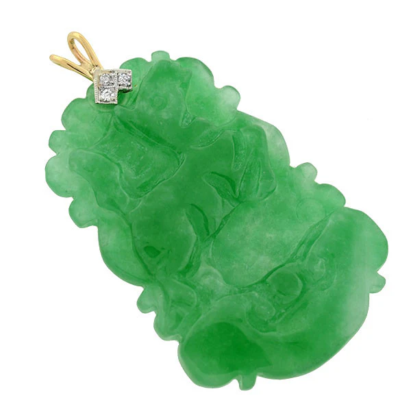 Art Deco 14kt & Diamond Carved Jadeite Pendant - Image 2