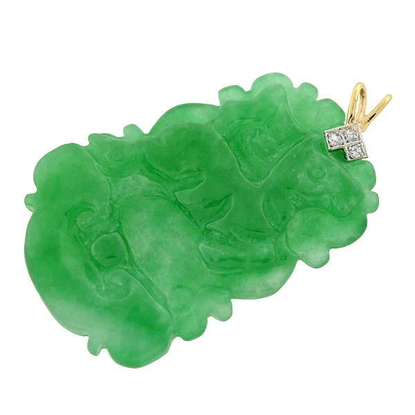 Art Deco 14kt & Diamond Carved Jadeite Pendant - Image 3