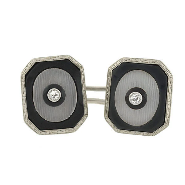 Art Deco 14kt Onyx Rock Quartz & Diamond Cufflinks - Image 3