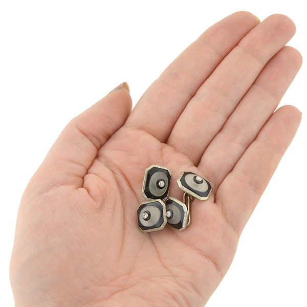 Art Deco 14kt Onyx Rock Quartz & Diamond Cufflinks - Image 7