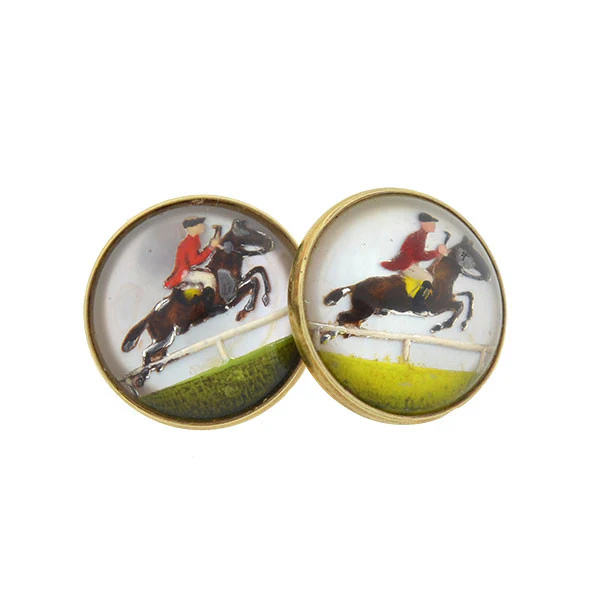 Art Deco 14kt Reverse Carved Crystal Equestrian Cufflinks - Image 2