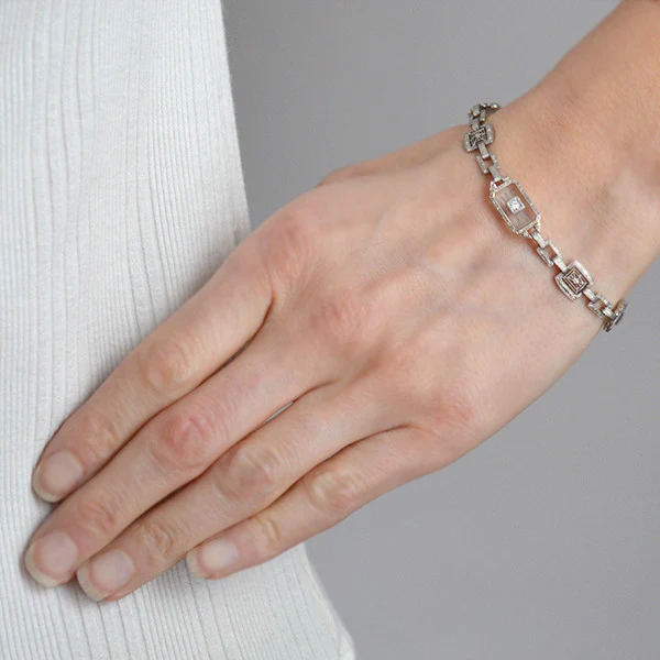 Art Deco 14kt Rock Crystal Sapphire & Diamond Bracelet - Image 6