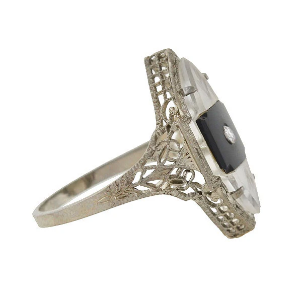 Art Deco 14kt Rock Quartz, Onyx & Diamond Filigree Navette Ring - Image 2
