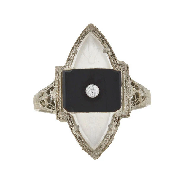 Art Deco 14kt Rock Quartz, Onyx & Diamond Filigree Navette Ring - Image 3