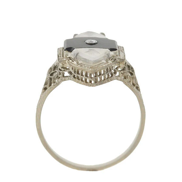 Art Deco 14kt Rock Quartz, Onyx & Diamond Filigree Navette Ring - Image 4