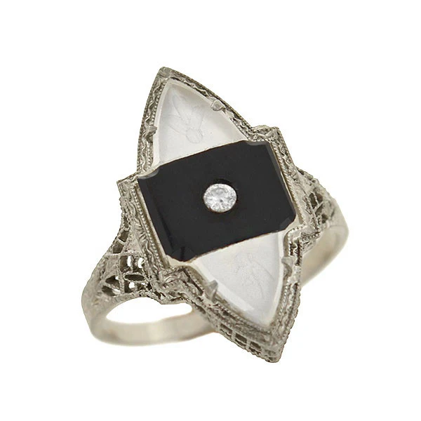 Art Deco 14kt Rock Quartz, Onyx & Diamond Filigree Navette Ring - Image 5