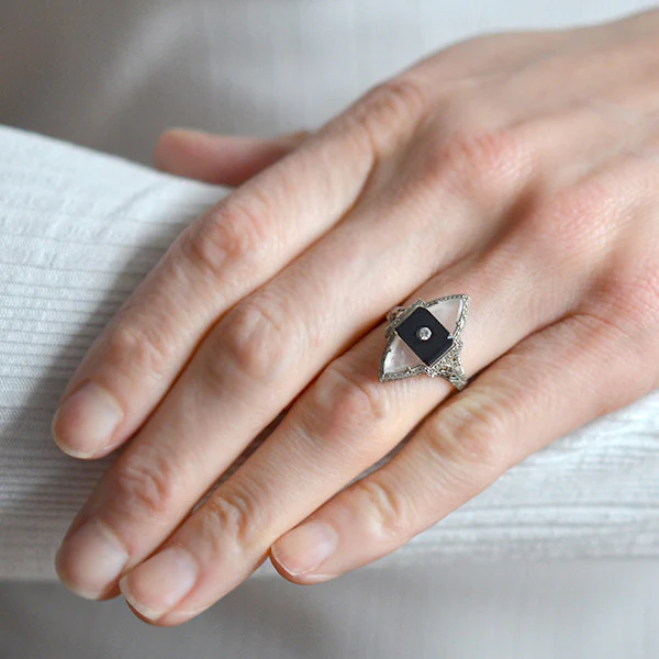 Art Deco 14kt Rock Quartz, Onyx & Diamond Filigree Navette Ring - Image 7