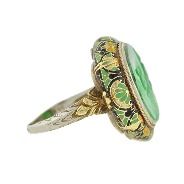 Art Deco 14kt Carved Jadeite & Enamel Ring - Image 2