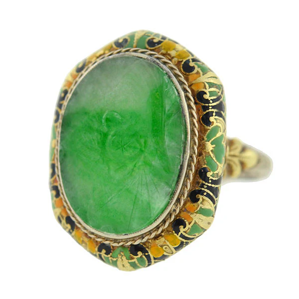Art Deco 14kt Carved Jadeite & Enamel Ring - Image 3