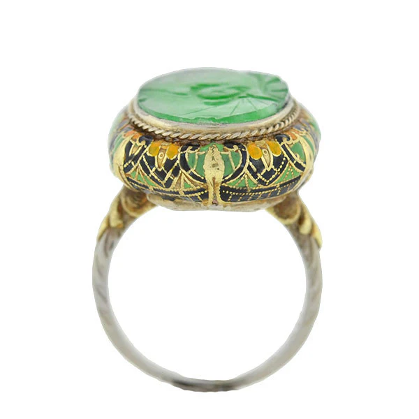 Art Deco 14kt Carved Jadeite & Enamel Ring - Image 4