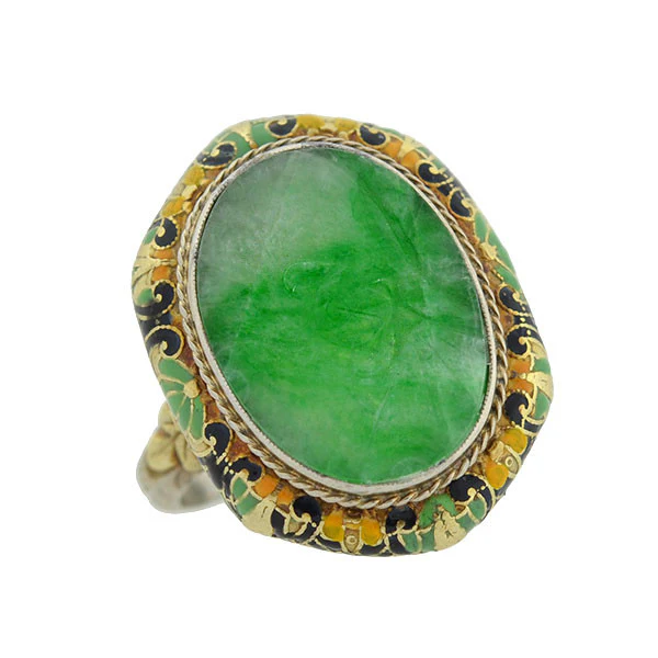 Art Deco 14kt Carved Jadeite & Enamel Ring - Image 5