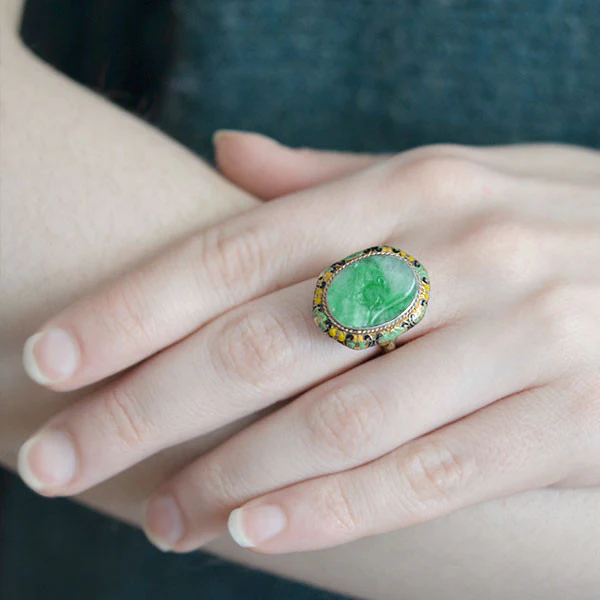 Art Deco 14kt Carved Jadeite & Enamel Ring - Image 7