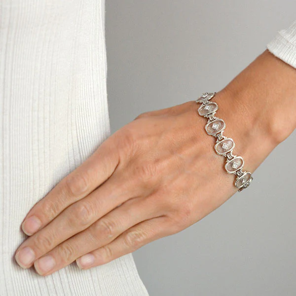KREMENTZ Art Deco Platinum/14kt Reverse Carved Rock Crystal & Diamond Bracelet - Image 9