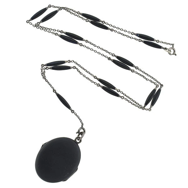 Art Deco Sterling & Matte Black Enamel Locket Necklace - Image 2