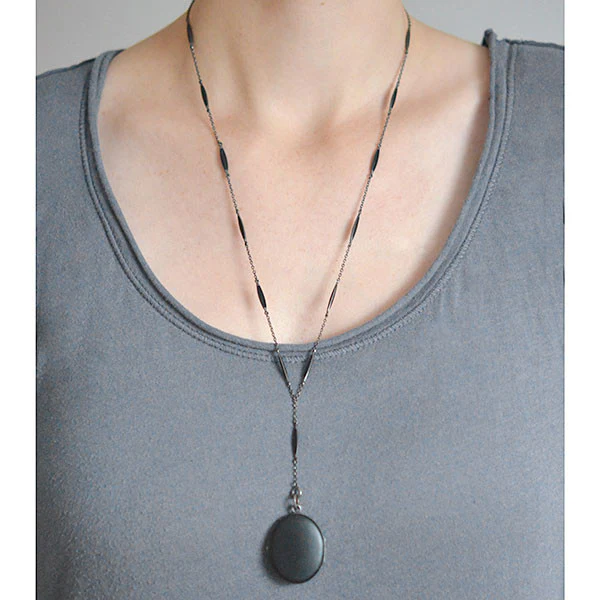 Art Deco Sterling & Matte Black Enamel Locket Necklace - Image 8